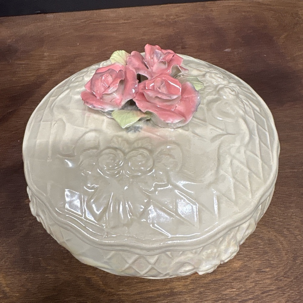 Vintage Iridescent Cream Porcelain Box with Applied Pink Roses